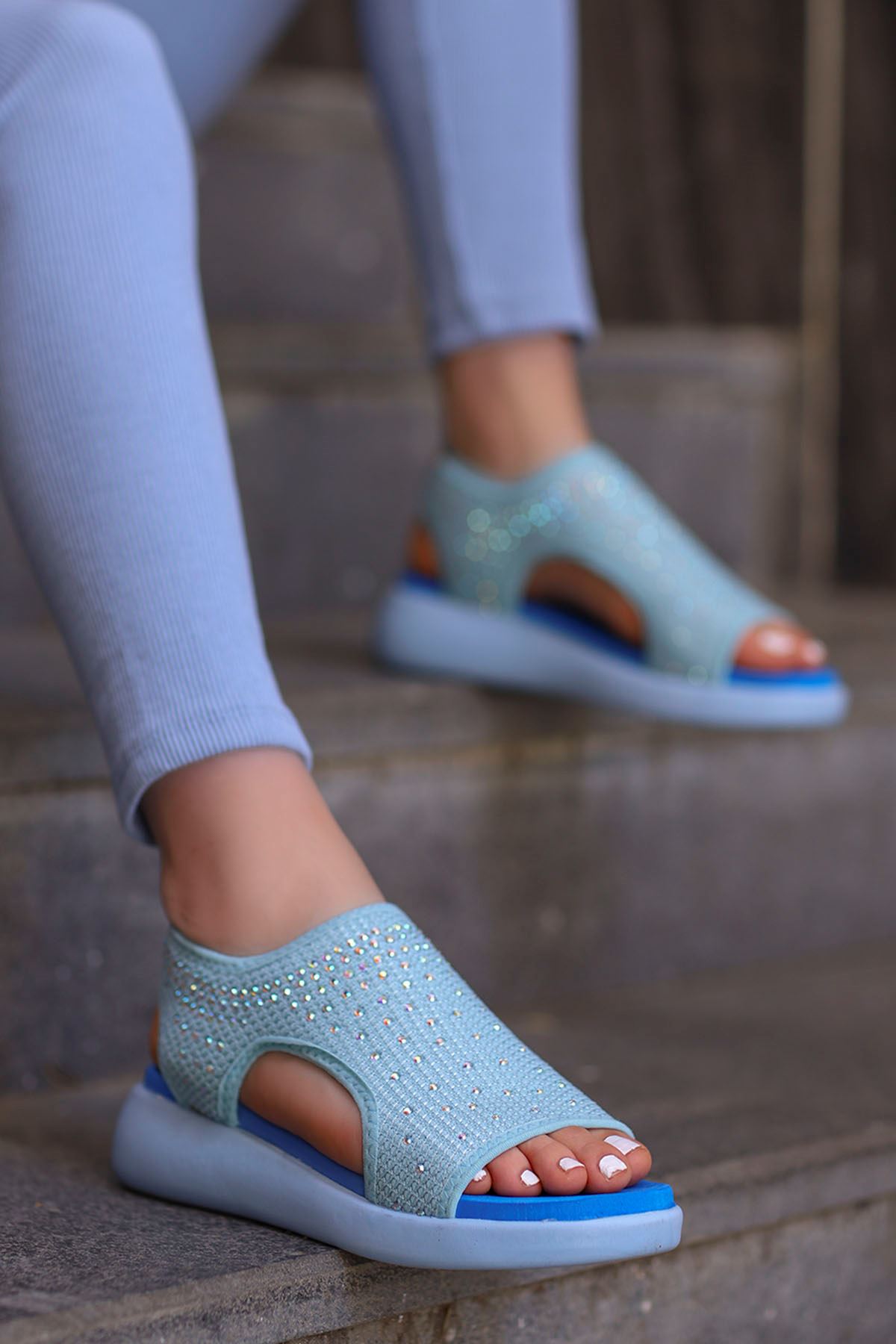 Calli Taşlı Triko Sandalet Mavi