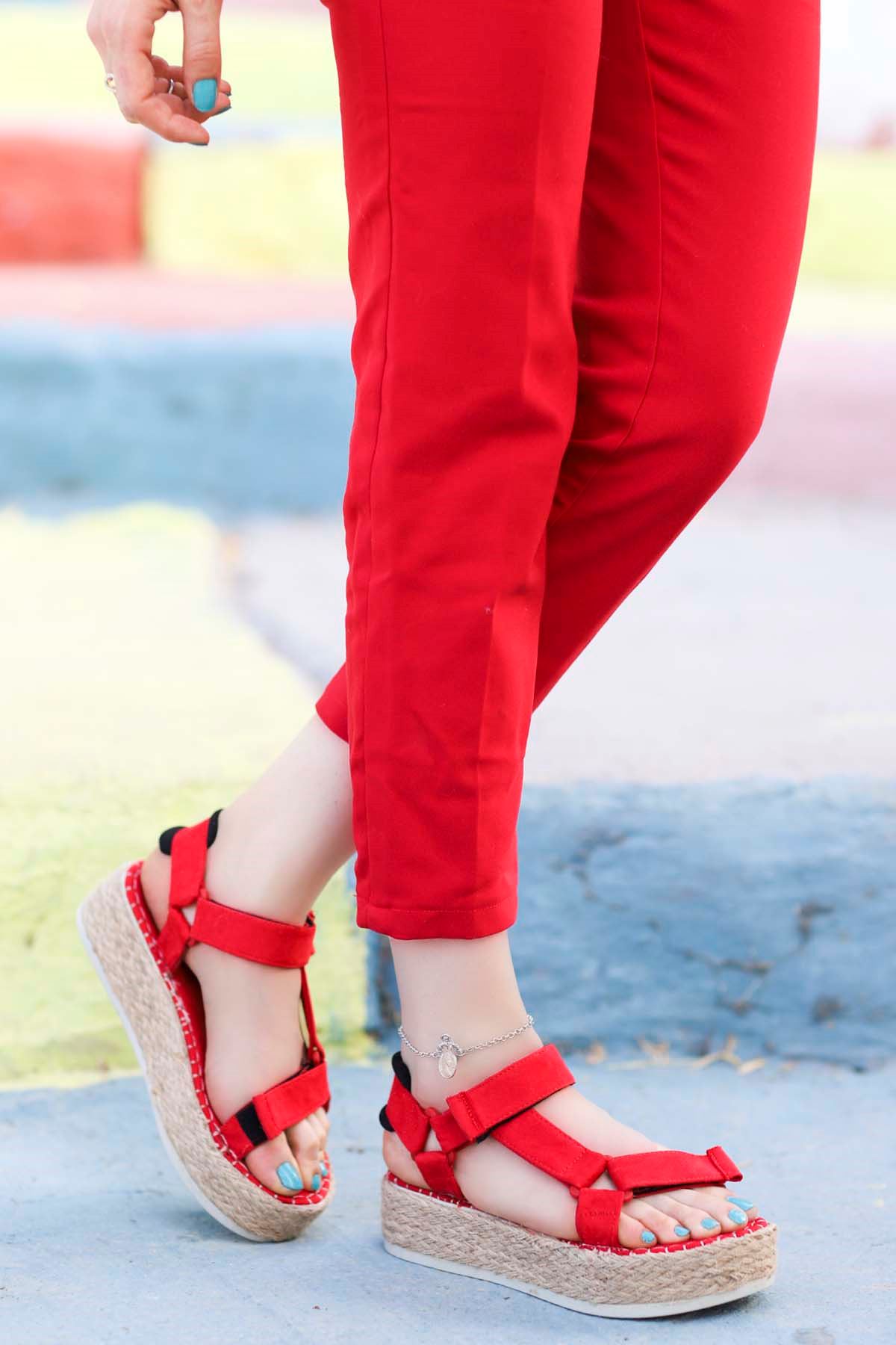 Massara Hasır Taban Sandalet Kırmızı