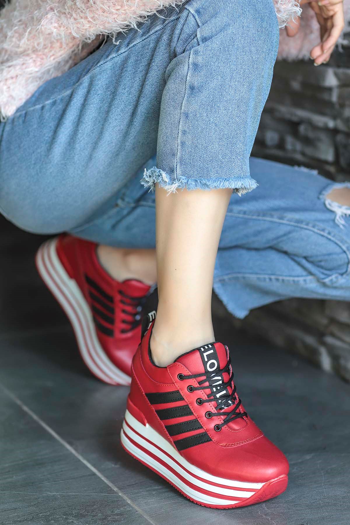 Favori-Gizli Topuk Spor Ayakkabı Kırmızı Deri