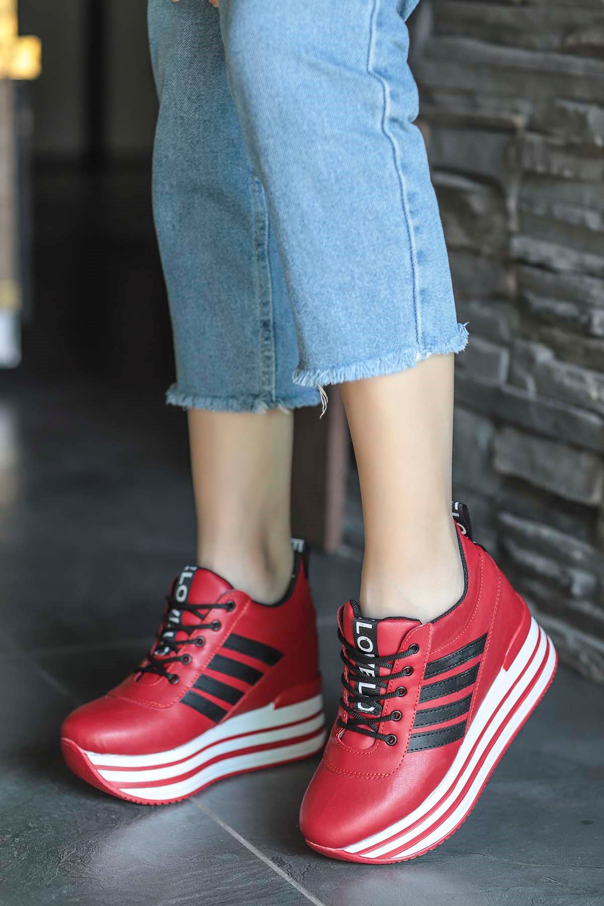 Favori-Gizli Topuk Spor Ayakkabı Kırmızı Deri